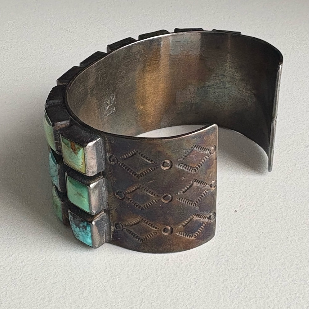 Sterling Silver Zuni Mid Century Mod Square Turquoise Petit Point Row Grid Cuff - Picture 10 of 15